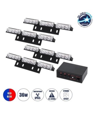 GloboStar® 85017 PRO Series ΣΕΤ 4 x 3 Μπάρες Σήμανσης Οχήματος Οδικής Βοήθειας για Αυτοκίνητα & Φορτηγά 3 Προγραμμάτων Φωτισμού STROBE LED HIGH POWER 36W DC 10-30V Αδιάβροχο IP65 Κόκκινο & Μπλε-  Μ18 x Π4.5 x Υ3cm - 2 Χρόνια Εγγύηση